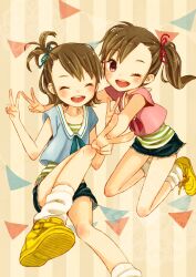  2girls :d ;d bad_id bad_pixiv_id brown_hair closed_eyes double_v foreshortening futami_ami futami_mami hair_ribbon halterneck highres idolmaster idolmaster_(classic) mizutamako multiple_girls one_eye_closed open_mouth purple_eyes ribbon sailor_collar shirt short_hair short_ponytail shorts siblings side_ponytail sisters skirt smile socks striped_clothes striped_shirt twins v white_legwear 