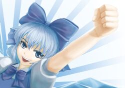  :d arm_up blue_eyes blue_hair bow bowtie cirno clenched_hand commentary_request crystal female hairbow ice nazal open_mouth photoshop_(medium) raised_fist short_hair smile solo touhou 