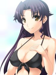  bad_id bad_pixiv_id bikini bikini_top_only black_bikini breasts cleavage collarbone female front-tie_top halterneck hand_on_own_chest idolmaster idolmaster_dearly_stars long_hair medium_breasts ozaki_reiko photoshop_(medium) purple_hair smile solo strap_gap swimsuit totokichi yellow_eyes 