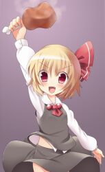  arm_up bad_id bad_pixiv_id blonde_hair boned_meat dress_shirt female food hair_ribbon meat oerba_yun_fang red_eyes ribbon rumia shirt short_hair skirt solo supershiruco touhou 