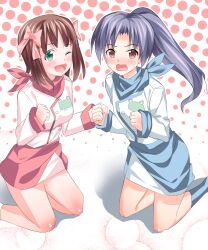  2girls amami_haruka ascot blue_hair brown_eyes brown_hair chef commentary_request green_eyes idolmaster idolmaster_(classic) kisaragi_chihaya long_hair multiple_girls one_eye_closed ponytail takasaka_donten 