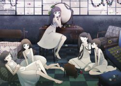  5girls bad_id bad_pixiv_id bare_shoulders barefoot bed blue_eyes bob_cut braid braiding_hair brown_hair chair checkered_floor closed_eyes collarbone dress felt flower hair_bobbles hair_flower hair_ornament hairdressing indoors long_hair looking_at_viewer low_twintails lying makeup mirror multiple_girls nail_polish on_back on_floor original own_hands_clasped own_hands_together paper_chain photoshop_(medium) pillow rose short_hair single_braid sitting sleeping sleeveless sleeveless_dress table toenail_polish toenails twintails vanity_table wariza white_dress white_flower white_rose window yokozuwari 