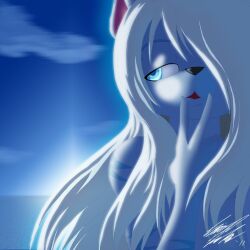  1:1 anthro avoid_posting blue_eyes blue_theme cloud cool_colors digital_media_(artwork) felid female hair hi_res mammal outside sea sky solo tofu93 water white_hair 