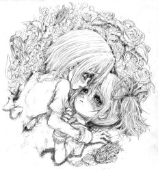  2girls bow crescent_moon flower greyscale hair_ribbon hot_dog kaname_madoka katzeh lying mahou_shoujo_madoka_magica mahou_shoujo_madoka_magica_(anime) miki_sayaka monochrome moon multiple_girls on_back photoshop_(medium) plant ribbon rose short_hair tears vines wheel yuri 