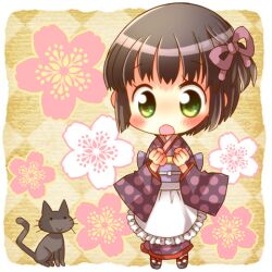  :o animal_ears apron bad_id bad_pixiv_id black_cat black_hair blush cat_ears cat_tail chibi commentary_request feline female flower green_eyes hair_ornament hiyopuko ikoku_meiro_no_croisee japanese_clothes kimono lowres open_mouth sandals short_hair solo tabi tail yune_(ikoku_meiro_no_croisee) 