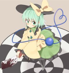  bad_id bad_pixiv_id blood blush bow cleaver female green_eyes green_hair hat hat_bow komeiji_koishi short_hair smile solo supershiruco touhou weapon 