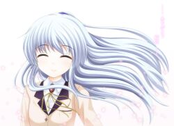  angel_beats! bad_id bad_pixiv_id commentary_request female long_hair shima-shuu simple_background smile solo tachibana_kanade translation_request white_background white_hair 