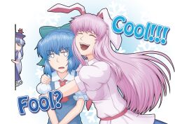  3girls :d ^_^ animal_ears belt blue_hair bow cirno closed_eyes commentary_request dress_shirt empty_eyes english_text grey_hair hairbow happy hat hug jitome kamishirasawa_keine long_hair multicolored_hair multiple_girls nazal open_mouth peeking_out peeping photoshop_(medium) purple_hair rabbit_ears reisen_udongein_inaba shirt short_hair skirt smile snowflakes touhou two-tone_hair very_long_hair 