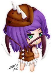  atk402 chibi drooling female green_eyes purple_hair roach_(starcraft) signature simple_background solo starcraft zerg_(starcraft) 