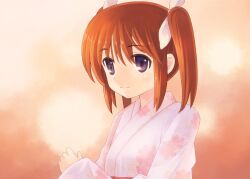  bad_id bad_pixiv_id brown_hair female hair_ribbon japanese_clothes kimono kouno_hikaru lyrical_nanoha mahou_shoujo_lyrical_nanoha pink_kimono purple_eyes ribbon short_hair short_twintails solo takamachi_nanoha twintails yukata 