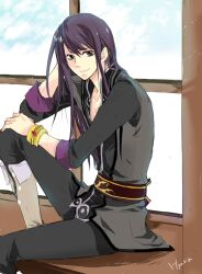  1boy bad_id bad_pixiv_id belt black_eyes black_hair boots bracelet coat hand_on_own_knee hyura1004 jewelry knee_boots long_hair male_focus pants sitting smile solo tales_of_(series) tales_of_vesperia yuri_lowell 