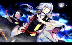  1boy ao_no_exorcist beads black_hair blue_eyes commentary_request female full_moon houjou_mamushi japanese_clothes letterboxed long_hair moon oerba_yun_fang photoshop_(medium) prayer_beads shima_juuzou short_hair snake tattoo tubu0215 white_hair yellow_eyes 