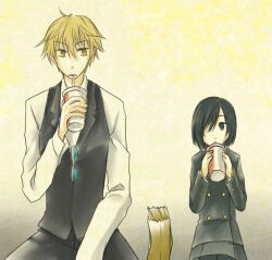  1boy awakusu_akane black_hair blonde_hair bow bowtie brown_eyes drink durarara!! female heiwajima_shizuo raira_academy_school_uniform school_uniform short_hair sitting skirt sunglasses vest yellow_eyes 