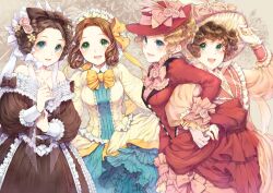  4girls bad_id bad_pixiv_id bare_shoulders blonde_hair blue_eyes bonnet bow brown_dress brown_hair bustle collarbone curly_hair dress earrings flower frilled_dress frills gloves gown green_eyes hair_flower hair_ornament hair_rings hairbow hakou_(barasensou) hat holding_hands jewelry mole multiple_girls off_shoulder open_mouth original photoshop_(medium) picture_hat pink_flower pink_rose porkpie_hat red_dress ribbon ringlets rose short_hair skirt smile strapless strapless_dress too_many too_many_frills victorian wavy_hair white_gloves yellow_skirt 