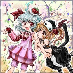  2girls alternate_costume bare_shoulders blonde_hair blue_hair cat_tail commentary_request flandre_scarlet food fruit hair_ribbon hat multiple_girls nanashii_(soregasisan) pantyhose red_eyes remilia_scarlet ribbon san-x short_hair siblings side_ponytail sisters smile strawberry striped_clothes striped_pantyhose tail tarepanda touhou 