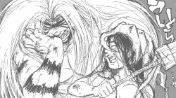  angry aotsuki_ushio claw claws demon fangs long_hair male male_focus monochrome open_mouth polearm smile spaers spear tora_(ushio_to_tora) ushio_to_tora weapon 