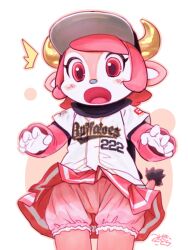  :o ^^^ bad_id bad_pixiv_id baseball_jersey bloomers blush buffalo_bell clothes_writing cow_girl cow_horns female gloves hat horns jersey long_sleeves mascot mizuki_kotora nippon_professional_baseball open_mouth orix_buffaloes photoshop_(medium) pink_eyes pink_hair pink_theme red_eyes short_hair simple_background skirt solo tail underwear upskirt 