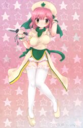  blush chemist chemist_(ffv) dagger dress female final_fantasy final_fantasy_5 fingerless_gloves gloves green_eyes hat lenna_charlotte_tycoon minnku pink_hair shoes short_hair solo thighhighs weapon white_legwear white_thighhighs 