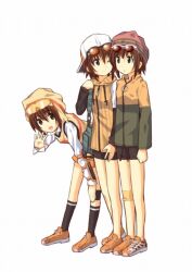  3girls bad_id bad_pixiv_id brown_eyes brown_hair eyewear_on_head hat hood hoodie mamoru_(sister_princess) mizugame multiple_girls multiple_persona short_hair sister_princess sunglasses 