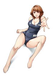  bad_id bad_pixiv_id bare_legs bare_shoulders barefoot blush breasts brown_eyes brown_hair feet female foreshortening hanamura hands large_breasts legs one-piece_swimsuit one_eye_closed original outstretched_arm outstretched_hand painttool_sai_(medium) school_swimsuit short_hair simple_background sitting smile solo swimsuit 