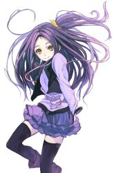  black_thighhighs boots commentary_request female hair_ornament hairpin highres kurokawa_eren long_hair photoshop_(medium) precure purple_hair purple_shirt purple_skirt seiren_(suite_precure) shirt skirt smile solo suite_precure thighhighs toromi_chuuka vest yellow_eyes zettai_ryouiki 