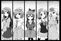  5girls akiyama_mio bad_id bad_pixiv_id commentary_request dress frills greyscale hat hirasawa_yui k-on! kotobuki_tsumugi long_hair moc monochrome multiple_girls nakano_azusa pantyhose short_hair tainaka_ritsu twintails 