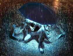  1boy arm_at_side arm_support bad_id bad_pixiv_id boots cobblestone from_above frown glowing glowing_eyes hair_over_one_eye highres holding holding_umbrella looking_at_viewer male_focus night on_one_knee one_eye_covered original outdoors pants pebble photoshop_(medium) rain scarf signature solo umbrella white_hair yuanmaru 