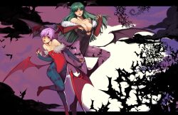  2girls animal_print bad_source bat_(animal) bat_print breasts bridal_gauntlets cleavage green_eyes green_hair head_wings ippus large_breasts leotard lilith_aensland long_hair moon morrigan_aensland multiple_girls pantyhose photoshop_(medium) print_pantyhose purple_hair red_eyes red_leotard short_hair small_breasts stole too_many too_many_bats vampire_(game) wings 