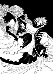  1boy bad_id bad_tumblr_id cape caress cloak elaine_(pixiv_fantasia) eye_contact female flower greyscale hair_flower hair_ornament looking_at_another maruco monochrome pixiv_fantasia pixiv_fantasia_3 rose sword weapon 