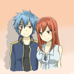  1boy blue_hair blush commentary_request couple erinan erza_scarlet fairy_tail female jellal_fernandes red_hair smile straight tattoo 