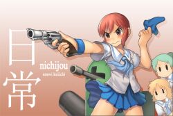  3girls blonde_hair blush brown_eyes cannon commentary_request fecchan gradient_background green_hair gun handgun holding_buruma jak multiple_girls nichijou outstretched_arm photoshop_(medium) pink_hair revolver school_uniform tachibana_misato tokisadame_school_uniform weapon weboshii wristband |_| 