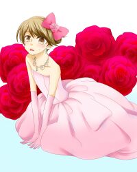  1boy bad_id bad_pixiv_id bare_shoulders blush bow brown_eyes brown_hair commentary_request crossdressing danganronpa:_trigger_happy_havoc danganronpa_(series) dress earrings elbow_gloves flower fujisaki_chihiro gloves gown hairbow highres jewelry male_focus necklace open_mouth otoko_no_ko ronpaxronpa short_hair solo sweatdrop 