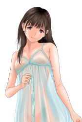  anegasaki_nene bare_shoulders breasts brown_hair collarbone commentary_request female highres light_smile lingerie long_hair love_plus medium_breasts mole mole_under_eye nail_polish negligee purple_eyes see-through simple_background solo underwear zakuro0508 