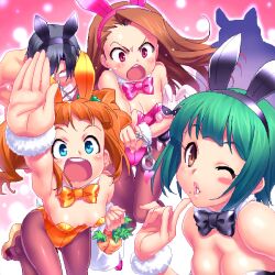  1boy 3girls animal_ears brown_eyes brown_hair carrot commentary_request foreshortening green_eyes green_hair idolmaster idolmaster_(classic) idolmaster_2 long_hair minase_iori mole mole_under_mouth multiple_girls oekaki otonashi_kotori pantyhose playboy_bunny producer_(idolmaster) rabbit rabbit_ears red_eyes short_hair silhouette takagi_junjirou takatsuki_yayoi wrist_cuffs zen_(kamuro) 