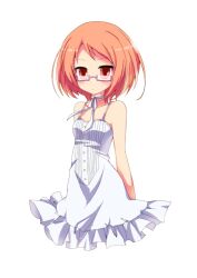  arms_behind_back bad_id bad_pixiv_id bare_shoulders blush cropped_torso dress female glasses neck_ribbon orange_eyes orange_hair pink-framed_eyewear precure ribbon shirabe_ako short_hair solo suite_precure syno 