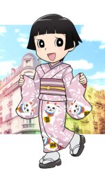  black_eyes black_hair commentary_request feline female fujiko_f_fujio_(style) ikoku_meiro_no_croisee japanese_clothes kimono parody short_hair solo standing style_parody ueyama_michirou yune_(ikoku_meiro_no_croisee) 