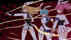  3girls animal_ears arm_behind_back arrow_(projectile) blonde_hair blue_hair bow_(weapon) checkered_background chiester00 chiester410 chiester45 chiester_sisters commentary_request eyepatch gloves glowing grin highres long_hair long_sleeves multiple_girls one_eye_closed open_mouth outstretched_arm pink_hair pm_(pomdim) ponytail rabbit_ears rabbit_tail red_background red_eyes short_hair showgirl_skirt skirt smile tail tattoo thighhighs umineko_no_naku_koro_ni uniform weapon white_gloves white_legwear 