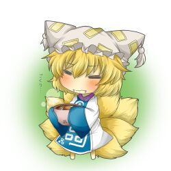  aburaage bad_id bad_pixiv_id blonde_hair blue_dress blush bowl chibi closed_eyes dress drooling female food fox_tail hat kitsune_udon multicolored_clothes multicolored_dress multiple_tails oerba_yun_fang rebecca_(keinelove) short_hair solo tail touhou translated wavy_mouth white_dress yakumo_ran 