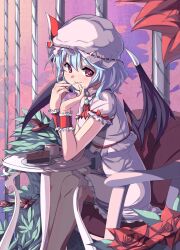  bat_wings blue_hair cake commentary_request cup female food hat highres red_eyes remilia_scarlet saiste short_hair sitting smile solo table touhou wings wrist_cuffs 