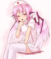  alternate_costume animal_ears ayagi_daifuku commentary_request female hat mystia_lorelei nurse nurse_cap pink_eyes pink_hair short_hair simple_background sitting solo thighhighs touhou white_thighhighs wings zettai_ryouiki 