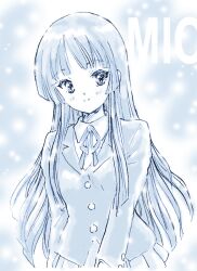  akiyama_mio bad_id bad_pixiv_id blazer blue_theme bluez female hime_cut jacket k-on! long_hair monochrome sakuragaoka_high_school_uniform school_uniform smile solo uniform 