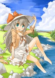  adjusting_clothes adjusting_headwear bad_id bad_pixiv_id barefoot bow bridge cloud day dress female full_body green_eyes grey_hair harada_(sansei_rain) hat hat_bow long_hair orange_bow original outdoors ribbon river sandals sitting sky smile soaking_feet solo tree water white_dress 