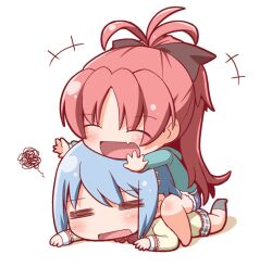  2girls blue_hair bow casual chibi commentary_request gerotan hairbow long_hair mahou_shoujo_madoka_magica mahou_shoujo_madoka_magica_(anime) miki_sayaka mitakihara_school_uniform multiple_girls oerba_yun_fang ponytail red_hair sakura_kyoko school_uniform short_hair smile 