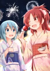  2girls ;d aerial_fireworks bag bagged_fish blue_eyes blue_hair blush candy_apple commentary_request fireworks fish food goldfish hair_ribbon houndstooth japanese_clothes kimono mahou_shoujo_madoka_magica mahou_shoujo_madoka_magica_(anime) miki_sayaka multiple_girls night oerba_yun_fang one_eye_closed open_mouth ponytail red_eyes red_hair ribbon ryuunosuke_(luckyneco) sakura_kyoko sakuramon sky smile 