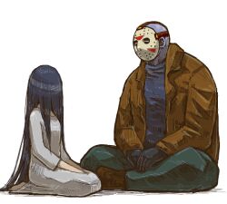  1boy bad_id bad_pixiv_id bald barefoot black_gloves black_hair black_shirt blue_skin brown_footwear brown_jacket colored_skin crossover dress female friday_the_13th full_body gloves hair_over_face hands_on_lap hockey_mask indian_style jacket jason_voorhees long_hair mask outsuki pants seiza shirt shoes simple_background sitting size_difference straight_hair the_ring very_long_hair white_background white_dress yamamura_sadako 