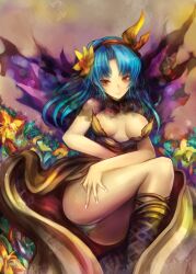  blue_hair boots breasts cleavage commentary_request female flower hair_flower hair_ornament hairband highres kara_(color) legs long_hair medium_breasts panties red_eyes rocbouquet_(saga) romancing_saga romancing_saga_2 saga solo underwear white_panties 