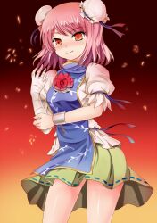  arm_grab bandages blue_door blush bun_cover commentary_request cuffs double_bun female flower hair_bun ibaraki_kasen lights pink_flower pink_hair pink_rose red_eyes rose shackles shirt short_hair skirt smile solo touhou 