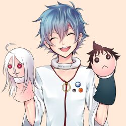  blue_hair brown_hair deadman_wonderland highres igarashi_ganta puppet sakigami_toto scar shiro_(deadman_wonderland) smile white_hair 