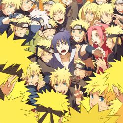  2girls 6+boys bad_id bad_pixiv_id black_hair blonde_hair blue_eyes clone closed_eyes facial_mark forehead_protector genderswap_(mtf) green_eyes happy hatake_kakashi headband heart heart-shaped_eyes mask multiple_boys multiple_girls multiple_persona naruko_(naruto) naruto naruto_(series) oba-min open_mouth photoshop_(medium) pink_hair rule_63 sakura_haruno short_hair smile team_7_(naruto) twintails uchiha_sasuke uzumaki_naruto whisker_markings white_hair 