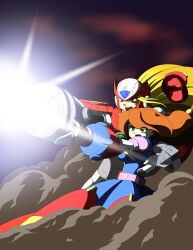  1boy android arm_cannon battle blonde_hair blue_eyes brown_hair capcom commentary_request damaged dust energy female green_eyes hat highres hyoumaru iris_(mega_man) long_hair mega_man_(series) mega_man_x_(series) open_mouth photoshop_(medium) red_sky robot sky weapon zero_(mega_man) 